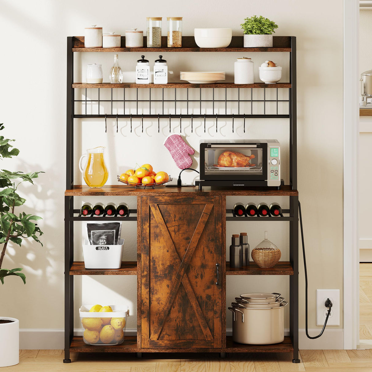 DWVO Bakers Rack Microwave Stand Cabinet with Large Storage Drawer and Power Outlet, 47 Inches Farmhouse Kitchen Tall Thickened Coffee Bar Table with Wine Shelf Rustic Brown DWVO