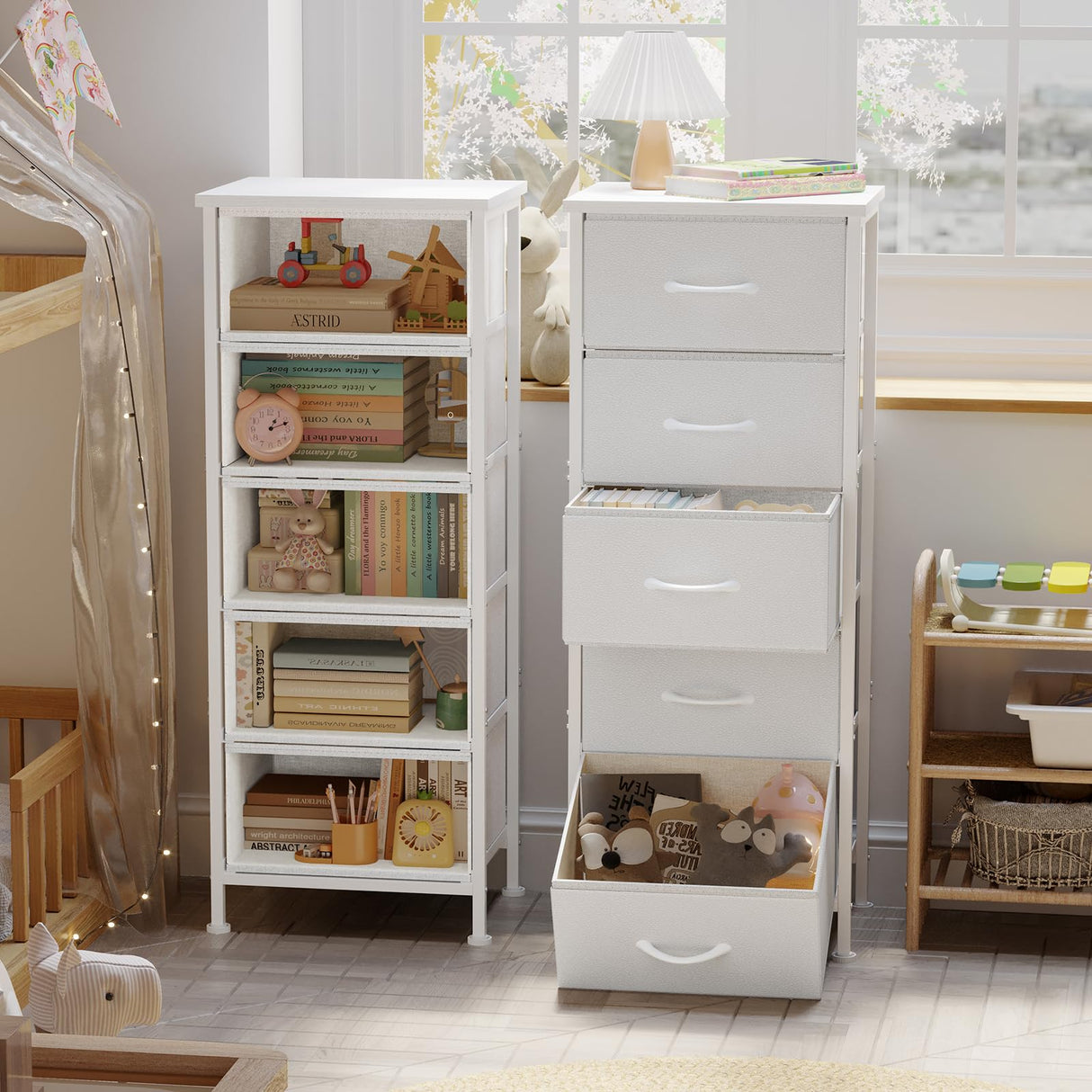 Fixwal White Tall Dresser for Bedroom, Closet Organizers and Storage Tall Fabric Dresser for Closet, Drawer Organizer with 5 Drawers, Bedroom Furniture Fixwal