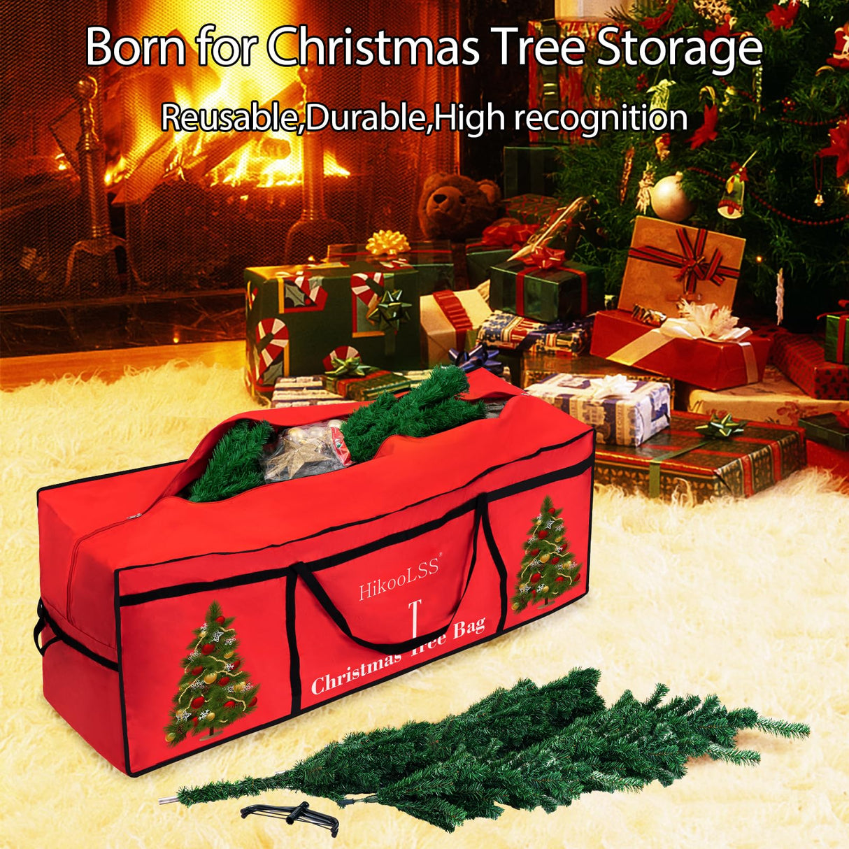 HikooLSS Christmas Tree Storage Bag 12 Ft Tall Tree Container/Holder Heavy Duty Oxford Dual Mesh Pockets,Moistureproof,Extra Large Christmas Tree Box for Big Xmas Tree Wide Opening Red(65X23X27in) HikooLSS