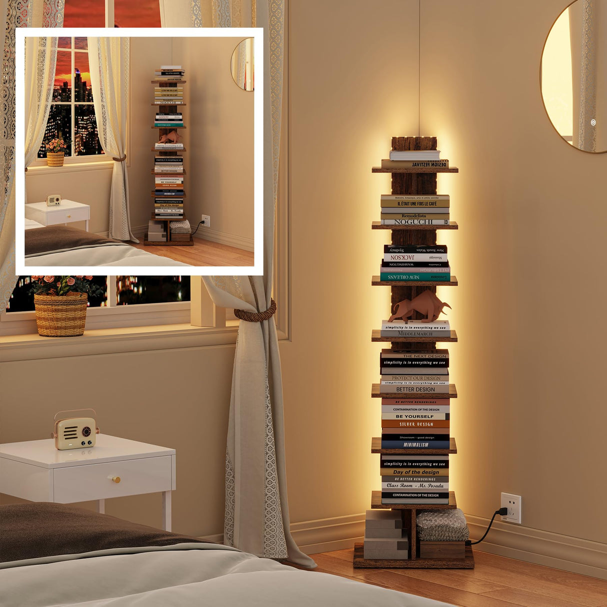 TUTOTAK Narrow Bookshelf, 8-Tier Bookcase with LED Lights, Spine Book Shelf for Small Space, Corner Standing Shelf for Living Room, Office, Study, Entryway, Rustic Brown BS06BB008L TUTOTAK