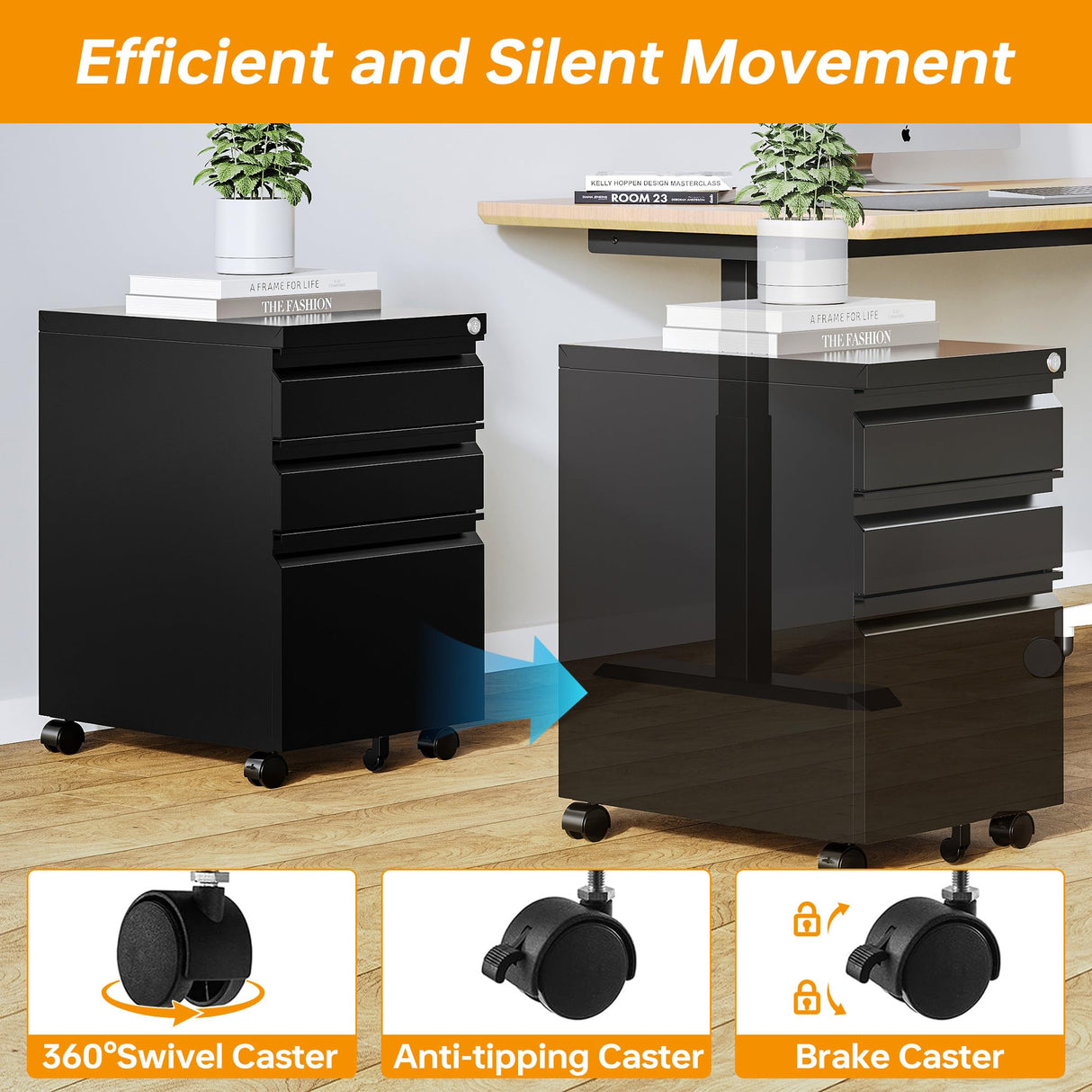 STANI 3 Drawer Mobile File Cabinet with Lock Under Desk Metal Filing Cabinet Locking Office Mobile Cabinet with Wheels Under Desk Office Drawers Rolling Mobile File Cabinet Assembly Required Black STANI