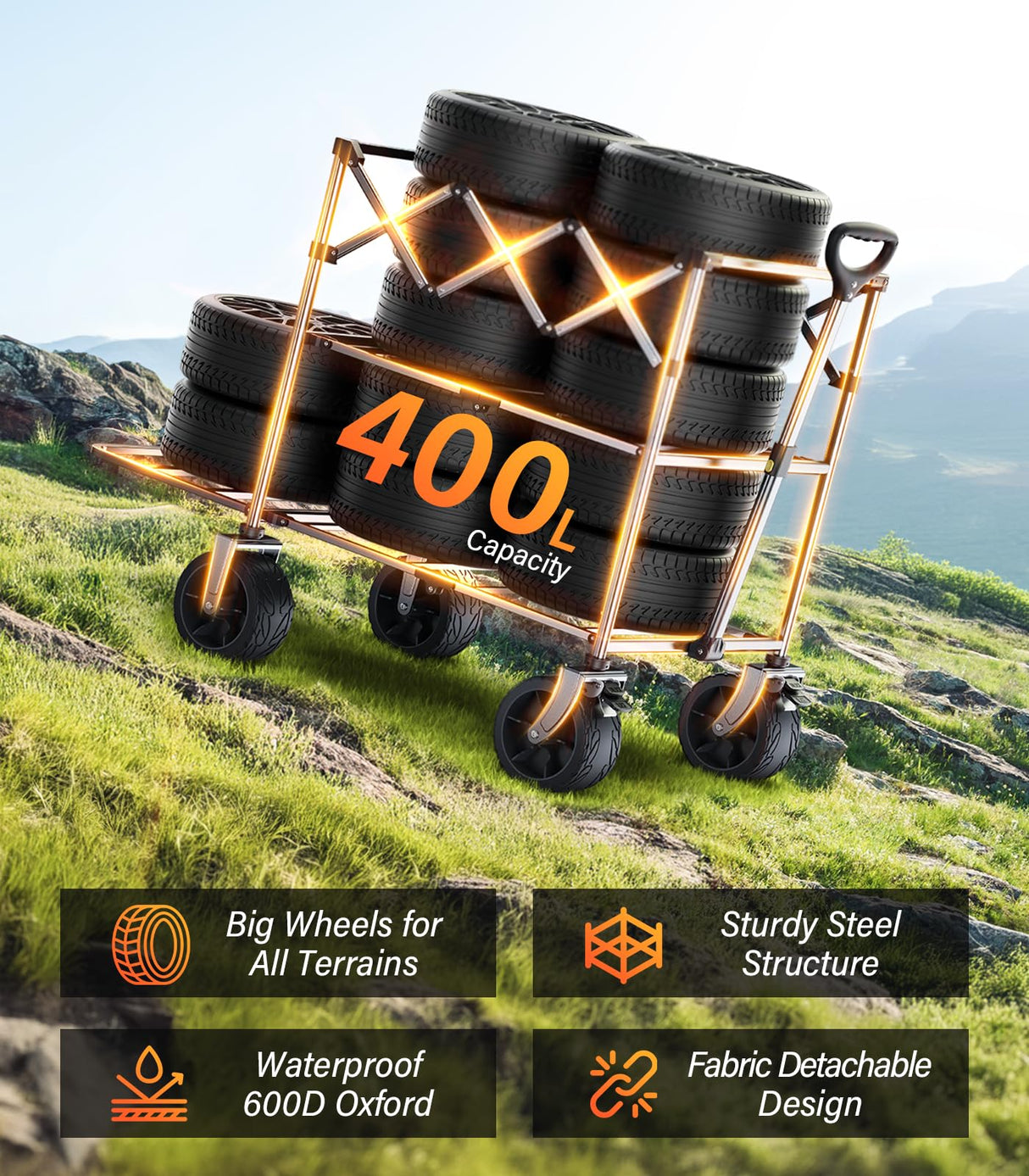 everyfun Pro Collapsible Wagon Double Decker,Wagons Carts Foldable,Heavy Duty Wagon Camping Sports Garden Grocery,Utility Wagon for All Terrain Black everyfun Pro