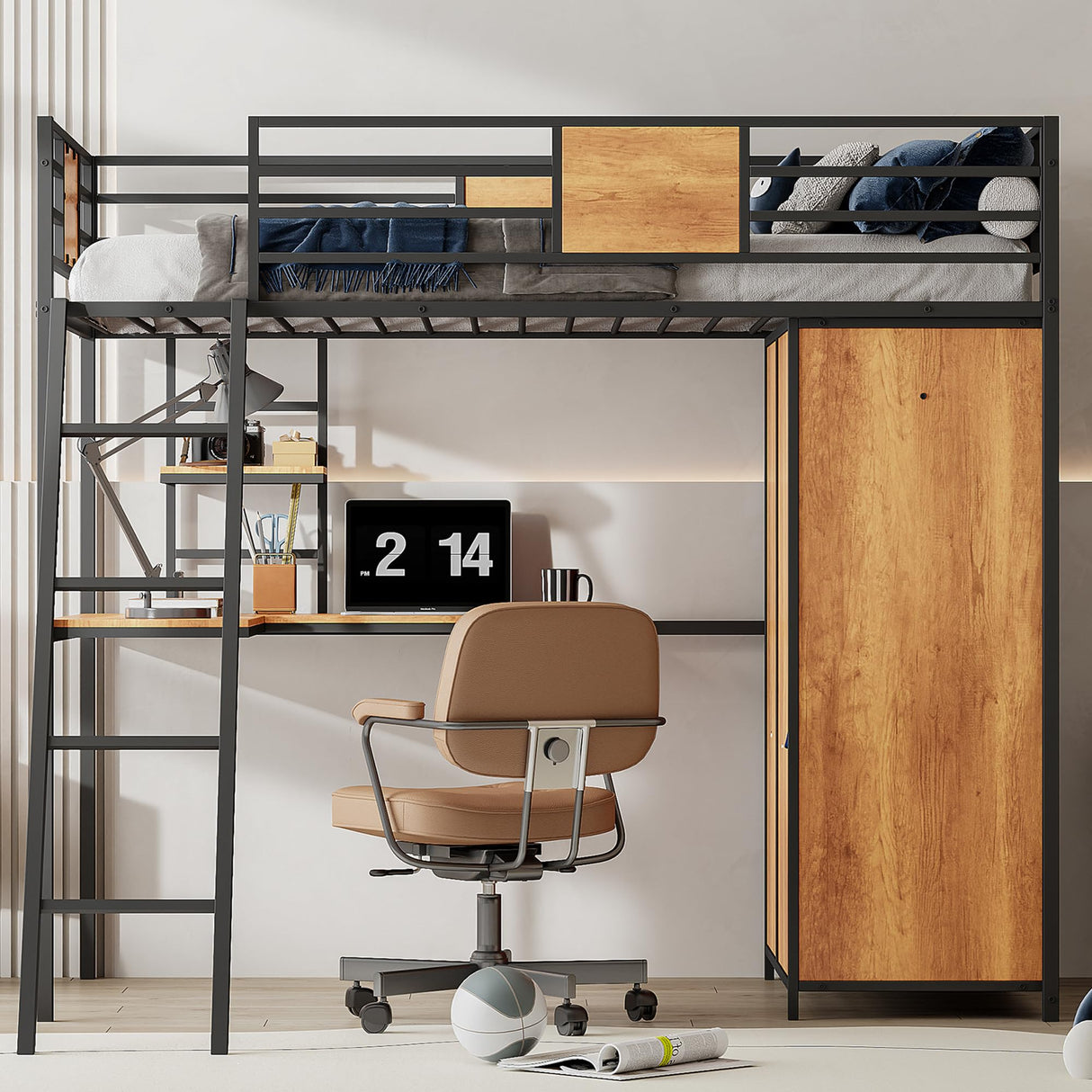 Twin Loft Bed with Desk and Storage Shelf, Twin Size Loft Bed with Wardrobe and L-Shaped Desk, Heavy Duty Loft Bed with Ladder and Guardrail(Twin Loft Bed Black) Bellemave