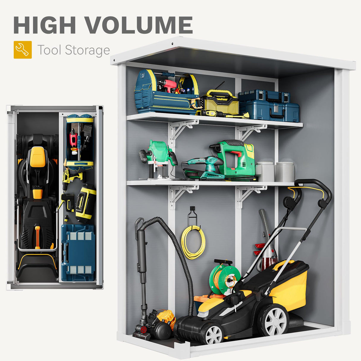 DWVO Outdoor Vertical Storage Shed with 2 Shelves, 49 Cu Ft Waterproof Resin Garden Shed with Floor & Lockable Door, Plastic Tall Tool Cabinet for Garbage Cans, Lawn Equipment, Garden Supplies (Gray) DWVO