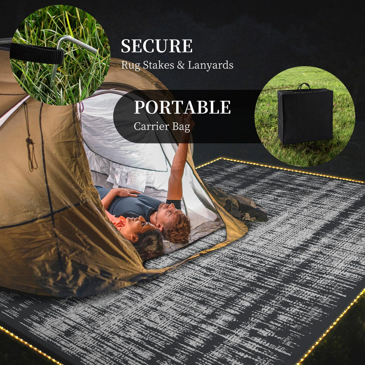 MontVoo Outdoor Rug Waterproof 6x9 ft with Strip Lights Outdoor Patio Rug Mat Reversible Plastic Straw Rug Outside Outdoor Rug for RV Camping Picnic Balcony Backyard MontVoo