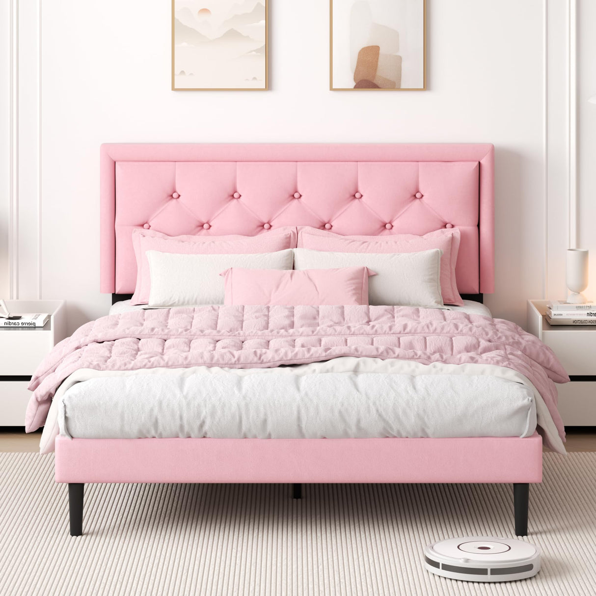 CXVX Queen Size Platform Bed Frame with Upholstered Velvet Button Tufted Headboard, Mattress Foundation with Wooden Slat Support, No Box Spring Needed, Easy Assembly, Noise Free, Pink CXVX
