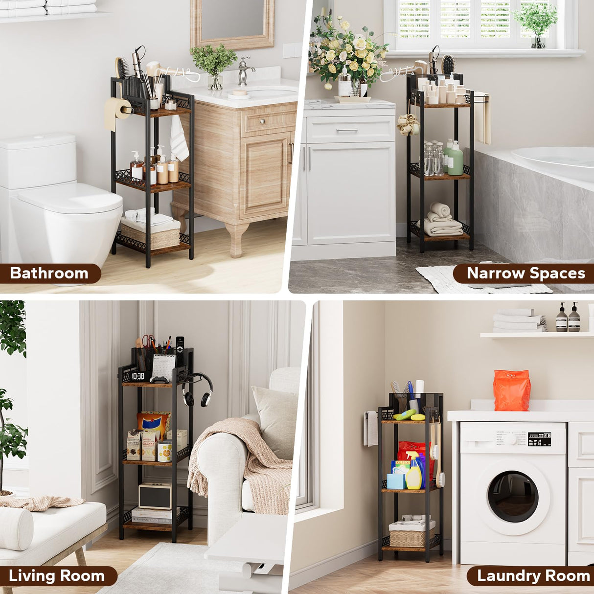 FURFUN 3-Tier Bathroom Shelf Organizer with Hair Dryer Holder and Toilet Paper Hook, 9.85" Slim Metal Stand for Small Spaces, Holds 50lbs - Freestanding Storage for Towels, Toiletries FURFUN