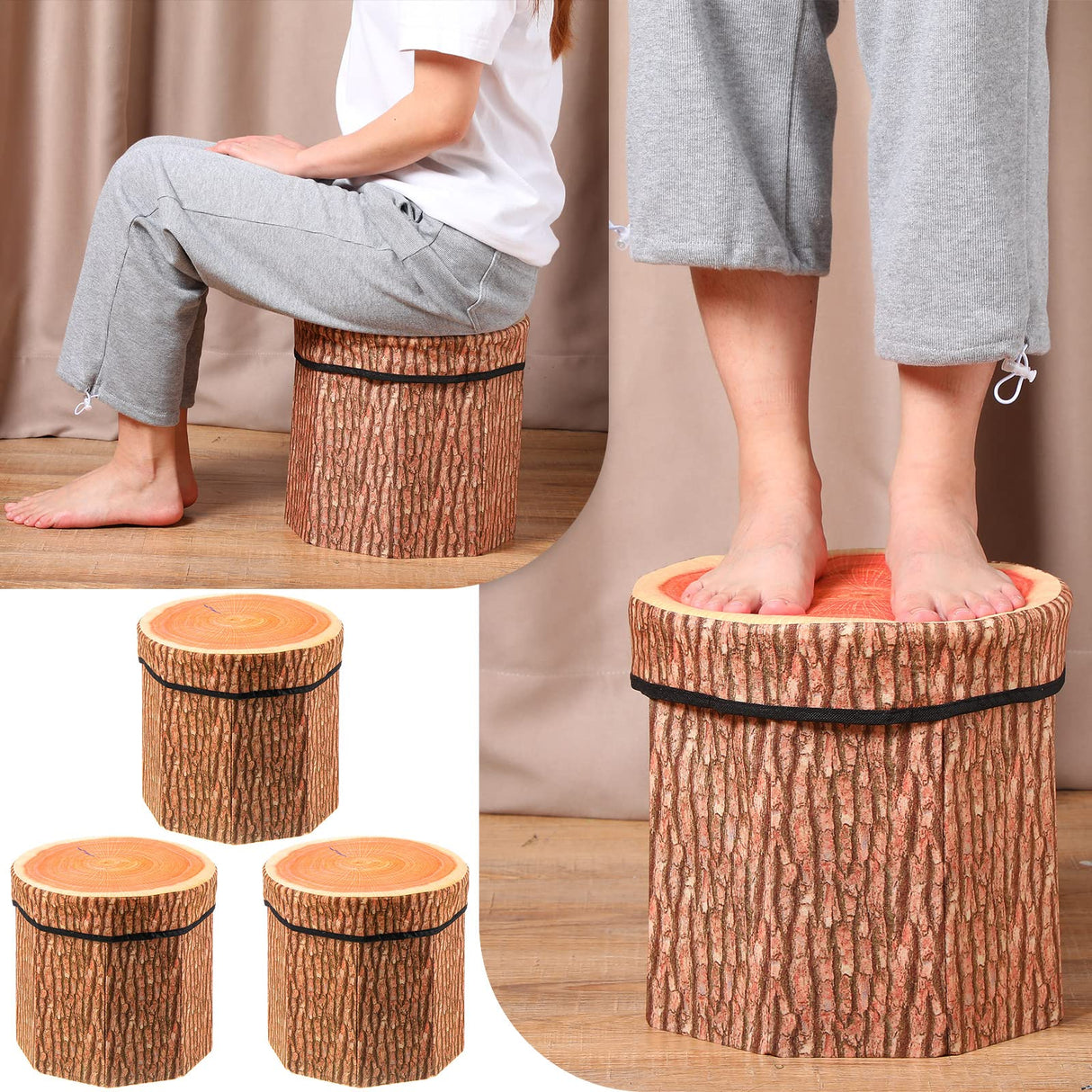 Amylove 3 Pack Tree Stump Storage Stool 12 x 12 Inch Stool Ottoman, Cute Folding Storage Toy Box with Foam Cushion, Collapsible Seat Chest (Classic) Amylove