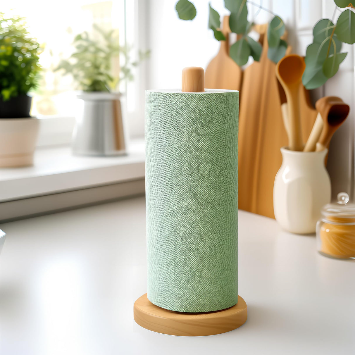 KitchLife Wooden Paper Towel Holder Countertop - Solid Beechwood Paper Towel Dispenser Stand with Anti-Skid Base KitchLife