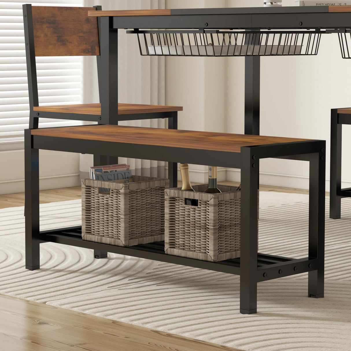 NAIYUFA 5-Piece Dining Table Set for 4-6 People,Industrial Dining Table with 2 Benches and 2 Chairs,Kitchen Table Set with Storage Rack for Dining Room,Saving Space,Rustic Brown NAIYUFA