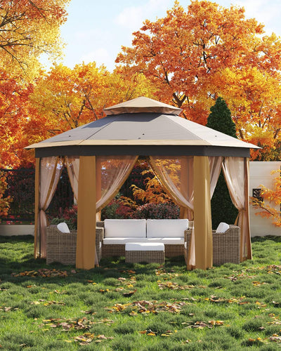 Pop Up Gazebo 13x13Ft, Outside Canopy Tent with 6 Pcs Mosquito Netting, One Push Setup for Backyard Patio Garden Activities - Khaki & Beige