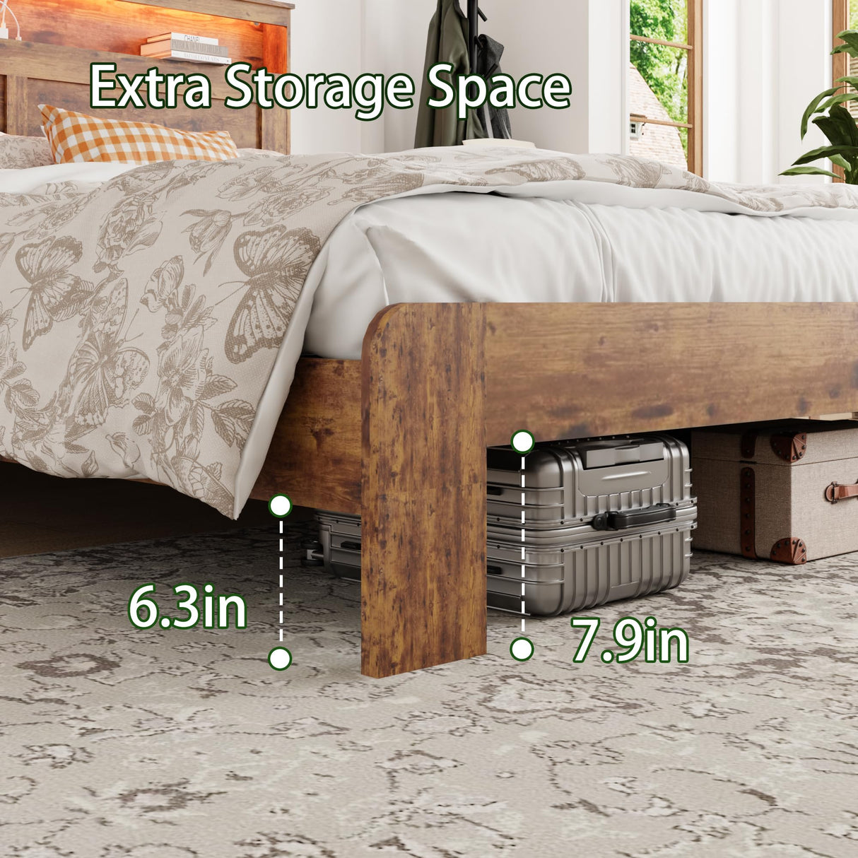 FSTAR King Size Wooden Bed Frame with Headboard, Farmhouse Bedframe with Charging Station & Led Lights, Heavy Duty Metal Slats, Noise Free, No Box Spring Needed, Dark Brown FSTAR