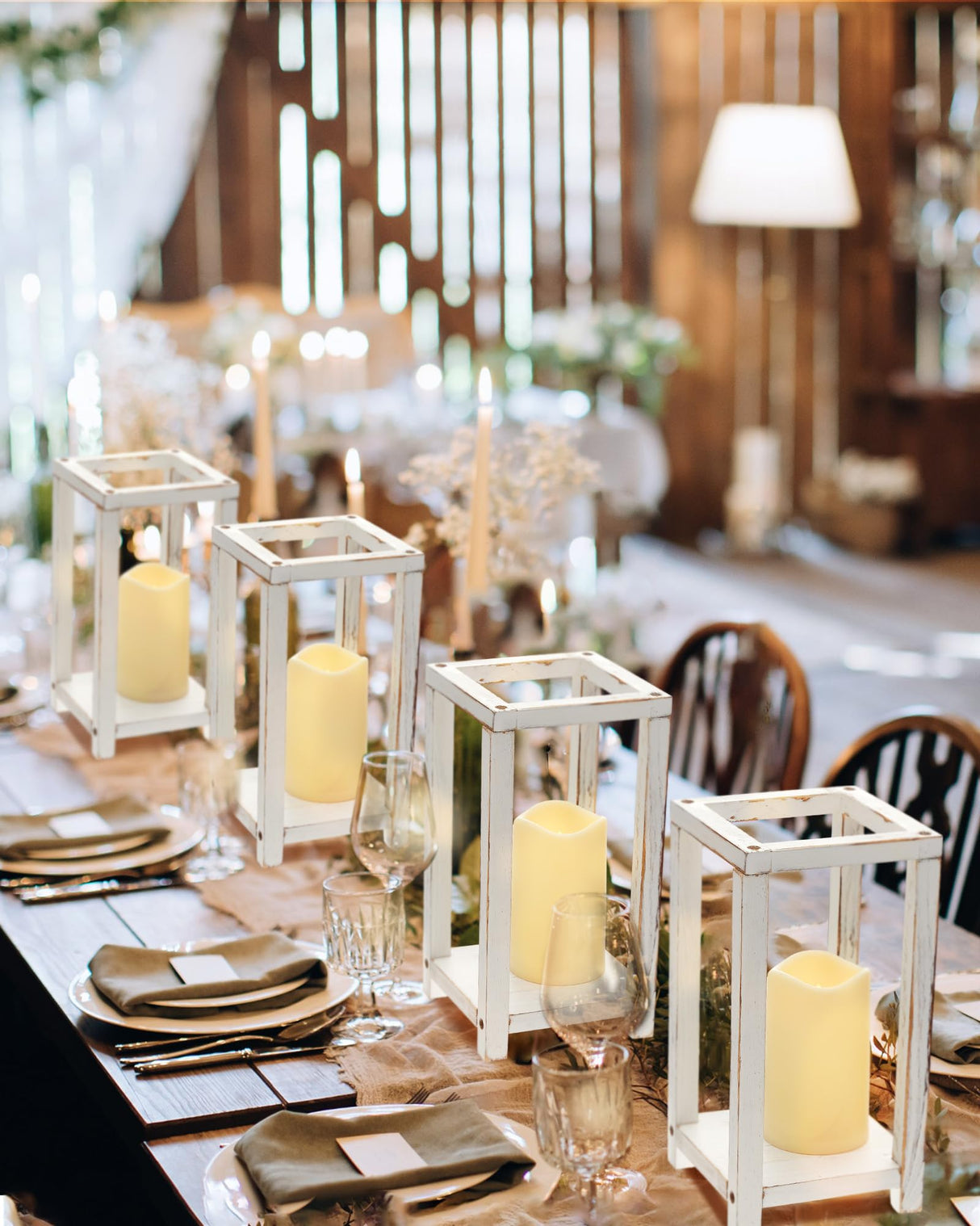 Huquary 16 Pcs Wooden Candle Lantern Set Includes 8 Rustic Wedding Centerpieces for Table Farmhouse Wooden Candle Holder and 8 Flameless Decorative LED Candles for Wedding Decor (White,Rectangle) Huquary