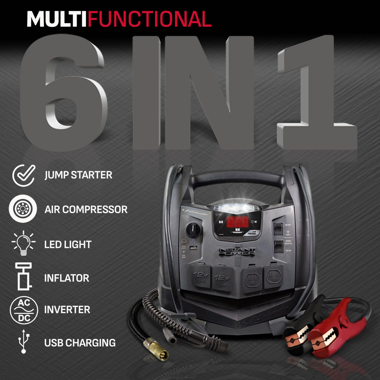 Schumacher Electric Jump Starter and Portable Power Station 6-in-1, SJ1332 with 150-PSI Air Compressor and 200 Continuous/400 Peak Watt Power Inverter, 1200 Peak Amps, 12 Volts, Black, 1 unit Schumacher