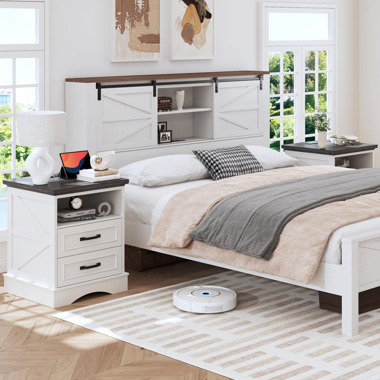 Fluest 24" Tall Farmhouse Nightstands Set of 2, Night Stands with Charging Station, Beside Tables with Drawers and Open Storage, Rustic End Tables for Bedroom, Antique White Fluest