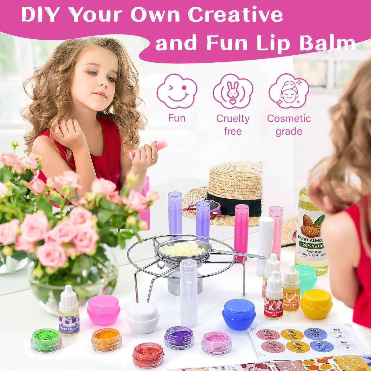 WhizToys DIY Lip Balm Making Kit Teen Girl Gifts Trendy Stuff Make Your Own Lip Gloss Set with Natural Beeswax, Shea Butter,Sweet Almond Oil,24 PCS Lip Blam Containers WhizToys