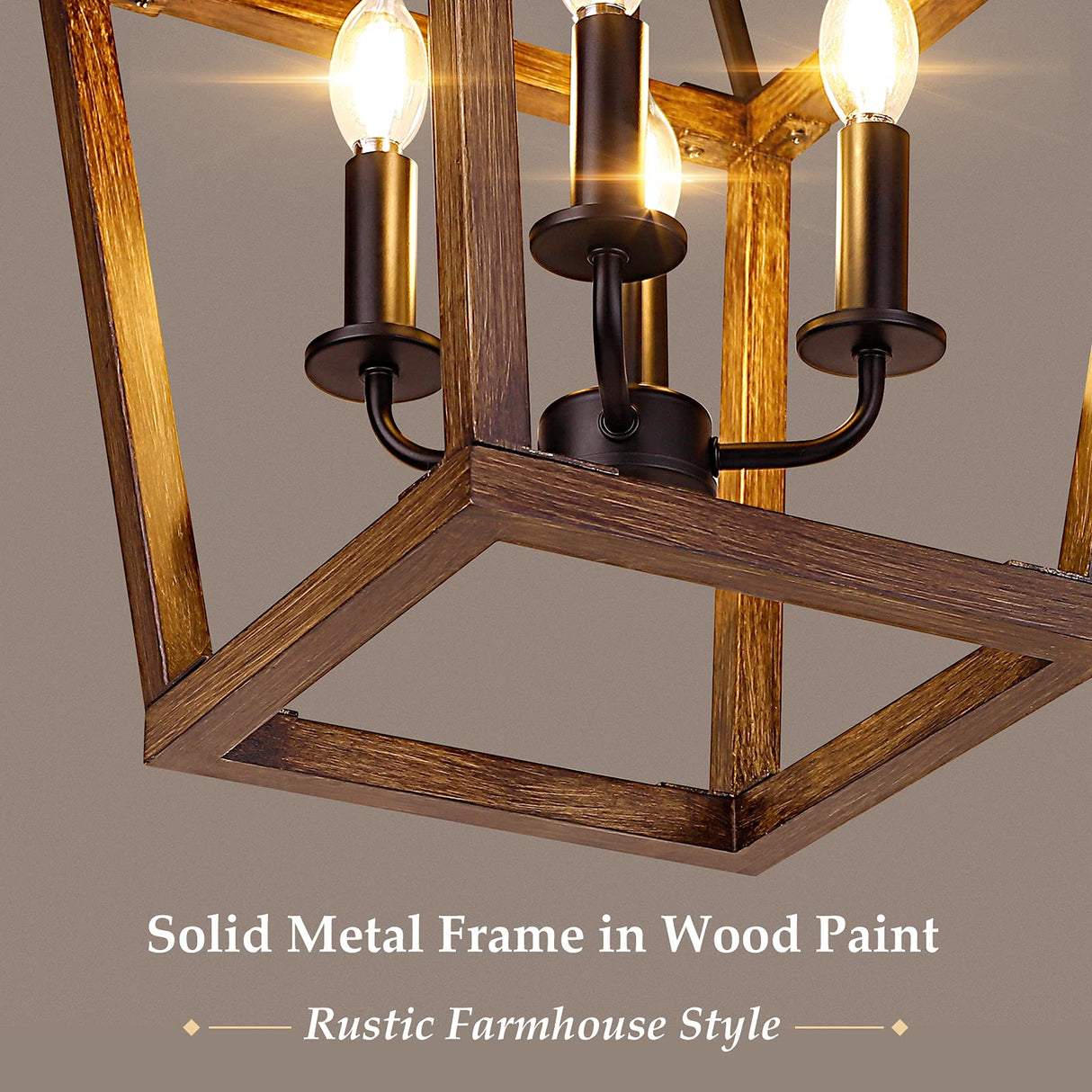 Farmhouse Chandelier Light Fixture for Kitchen Dining Room, 4-Light Rustic Pendant Hanging Ceiling Light Height Adjustable in Oak Wood Finish, Cage Lantern Lighting with E12 Base for Hallway Foyer BrightHome