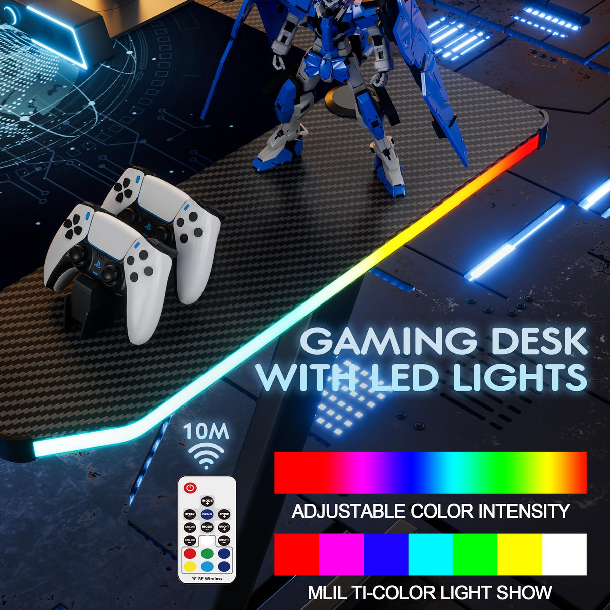 Homall Gaming Computer Desk with Carbon Fiber Surface, Gaming Table Z Shaped PC Home Office with Cup Holder&Headphone Hook(47 in, Black, Led Light) Homall