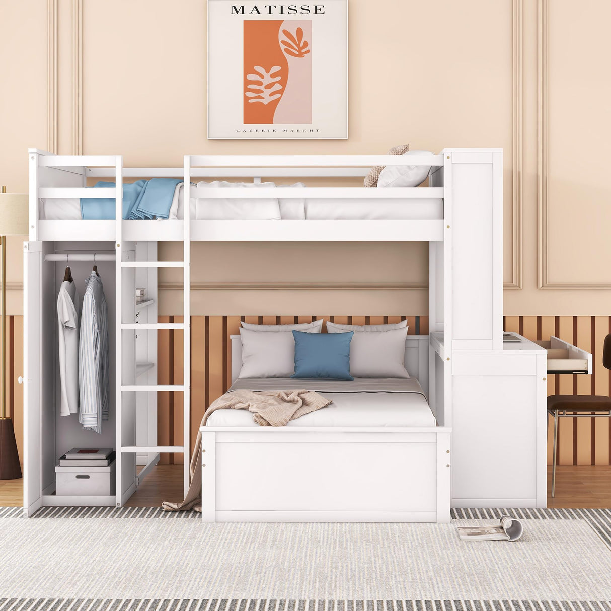MaiDeHaoo Twin Over Full L-Shaped Bunk Bed with Desk and Shelves, Wood Bunk Bed with Storage Wardrobe and Stand-Alone Bed, White MaiDeHaoo