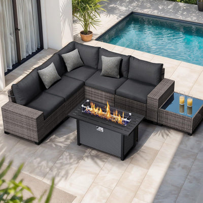 JOIVI 7 Pieces Outdoor Patio Furniture Set with 45” Fire Pit Table, Rattan Patio Sectional Sofa Conversation Set with 50000BTU Propane Fire Pit and Coffee Table for Garden, Backyard, Deck, Black