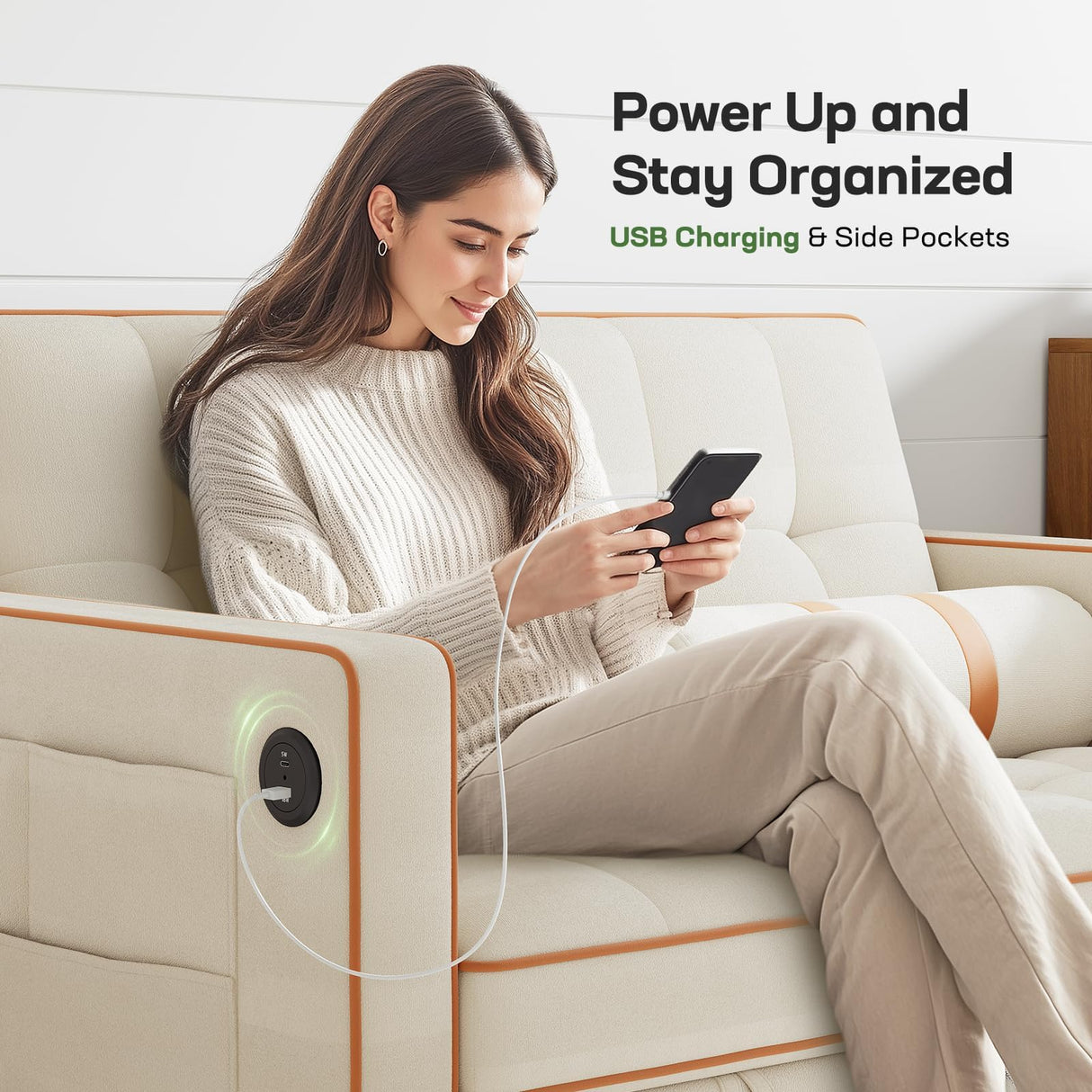 Marsail Sofa Bed, 3-in-1 Convertible Sleeper Sofa, Futon Couch with USB Charging, Side Pockets & Adjustable Backrest, Pull Out Couch for Living Room, Apartment, Loveseat, Velvet Fabric, Beige Marsail