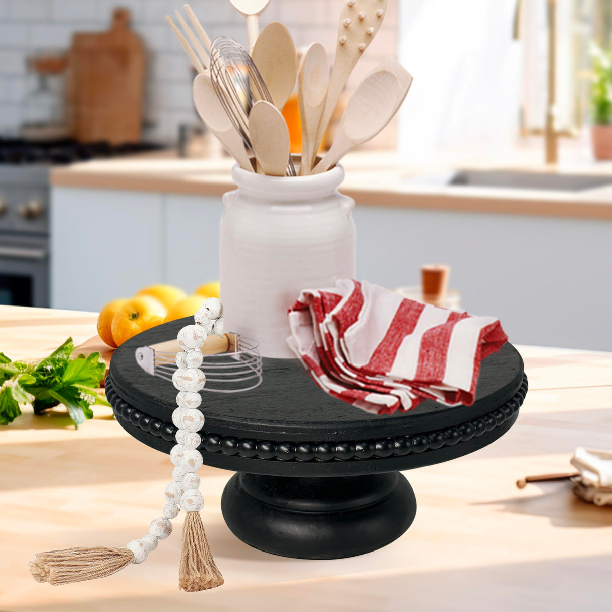 dwellington White Wash Display Wood Riser, 8.25¡± Shabby Chic Pedestal Tray Decor with Beads, Farmhouse Display Stands for Coffee Bar, Bathroom, Kitchen Island (Black) dwellington