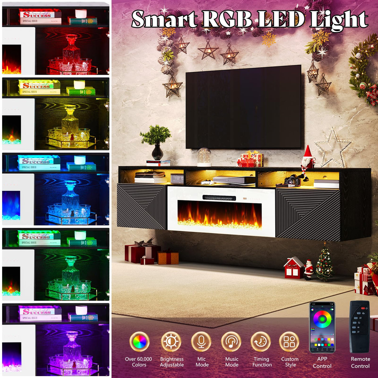 AMERLIFE Floating TV Stand with 40" Electric Fireplace, Modern Wall Mounted Entertainment Center with Storage, 80in Media Console with High Gloss Geometric Doors for TVs Up to 90", Black AMERLIFE