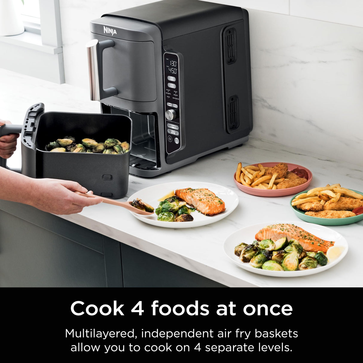 Ninja SL401 DoubleStack XL 2-Basket Air Fryer, DoubleStack Technology Cooks 4 Foods at Once, Compact Design, 10 QT, 6-in-1, Smart Finish & Match Cook, Air Fry, Broil, Bake, Easy Meals, Easy Clean,Grey Ninja