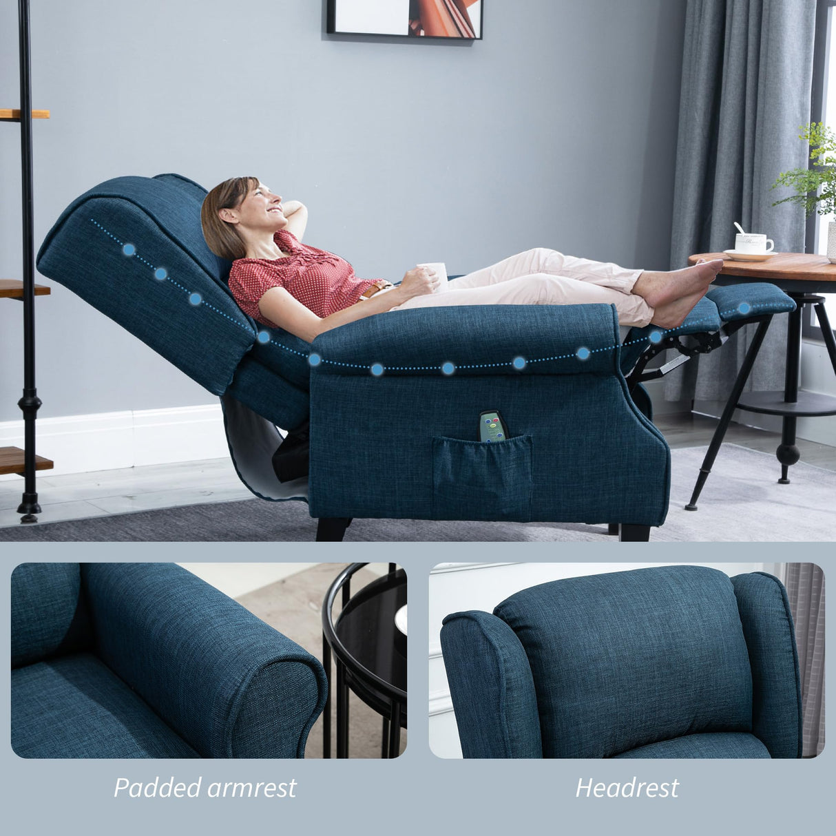 HOMCOM Vibration Massage Recliner Chair for Living Room with Heat, Wingback Single Sofa, Modern Linen Fabric Push Back Reclining Chair with Footrest, Side Pocket, Beige, Blue HOMCOM