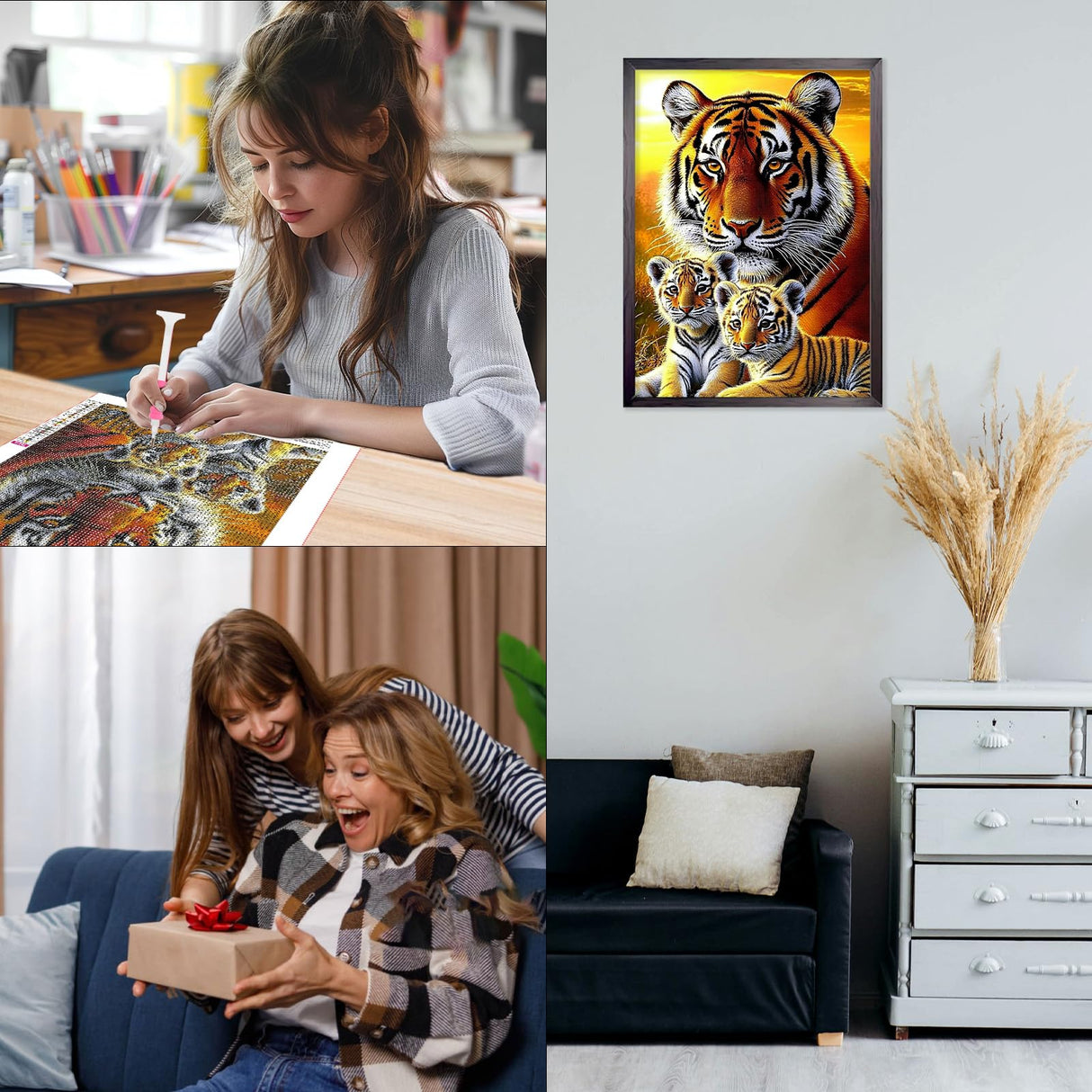 CEOVR Tiger Diamond Art Kits for Adults, Tiger Family 5D DIY Full Drill Diamond Painting Dots Sunset Gem Art, Adult Crafts Kits Arts and Crafts, Wall Decor for Home Office 12x16inch CEOVR
