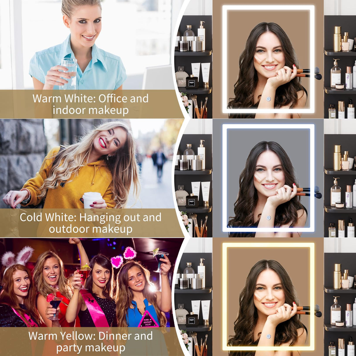 Patikuin Vanity Desk with Lighted Mirror, Makeup Vanity Set with Power Outlet, Cushioned Stool, Vanity Table with 6 Storage Shelves, 2 Large Drawers and 3 Color Light Adjustable Brightness, Black Patikuin