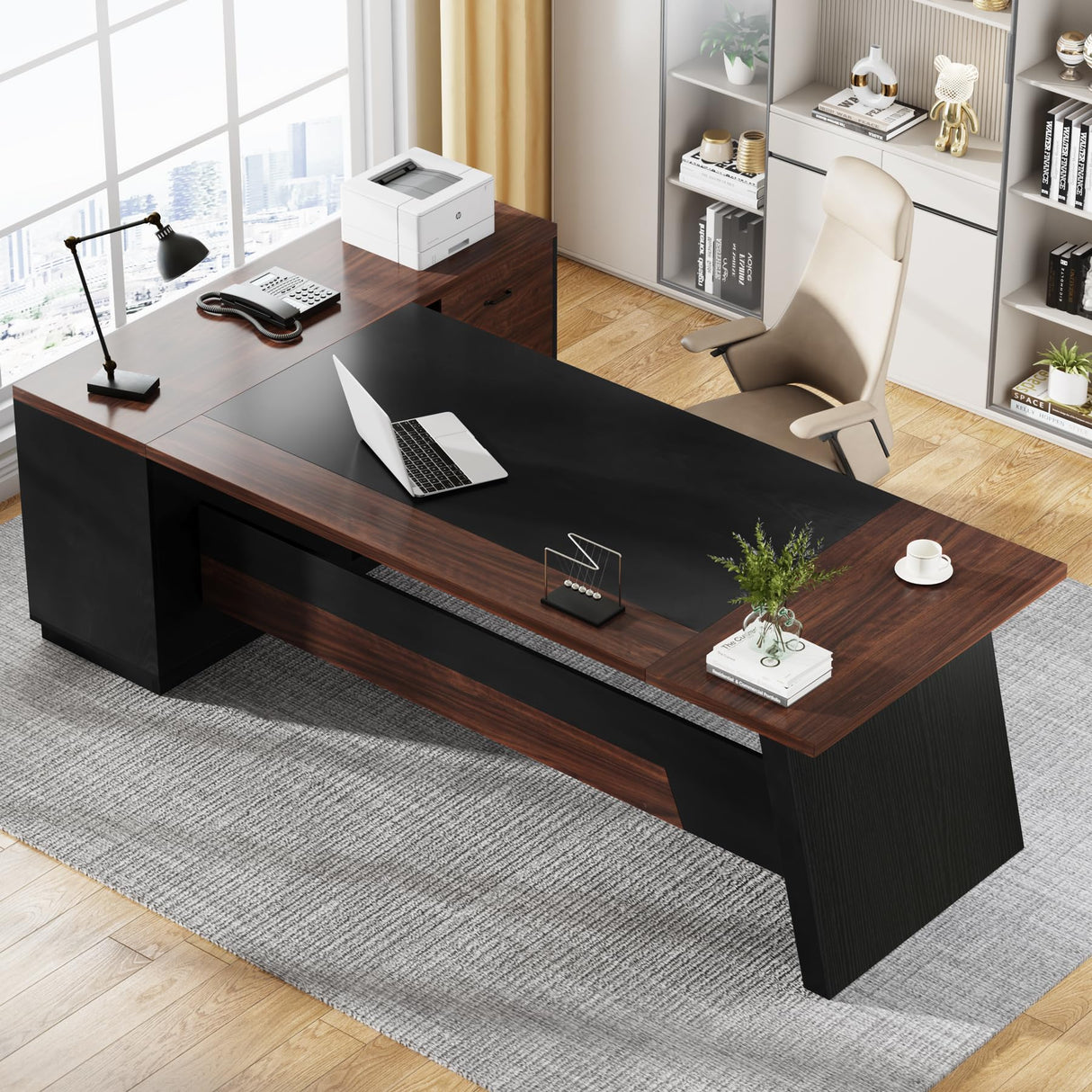 Tribesigns 78" L-Shaped Executive Desk, Large Office Desk with Drawers and Lateral File Cabinet, Business Furniture with Storage Shelves, Modern Computer Desk for Home Office, Walnut & Black Tribesigns
