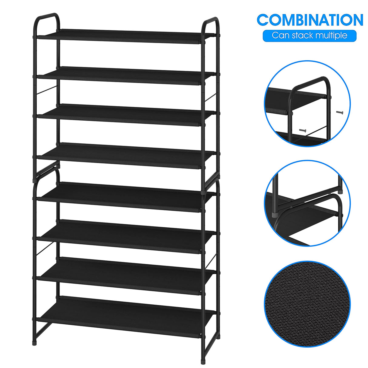 Simple Trending 4-Tier Stackable Shoe Rack, Expandable & Adjustable Fabric Shoe Shelf Storage Organizer, Black Simple Trending