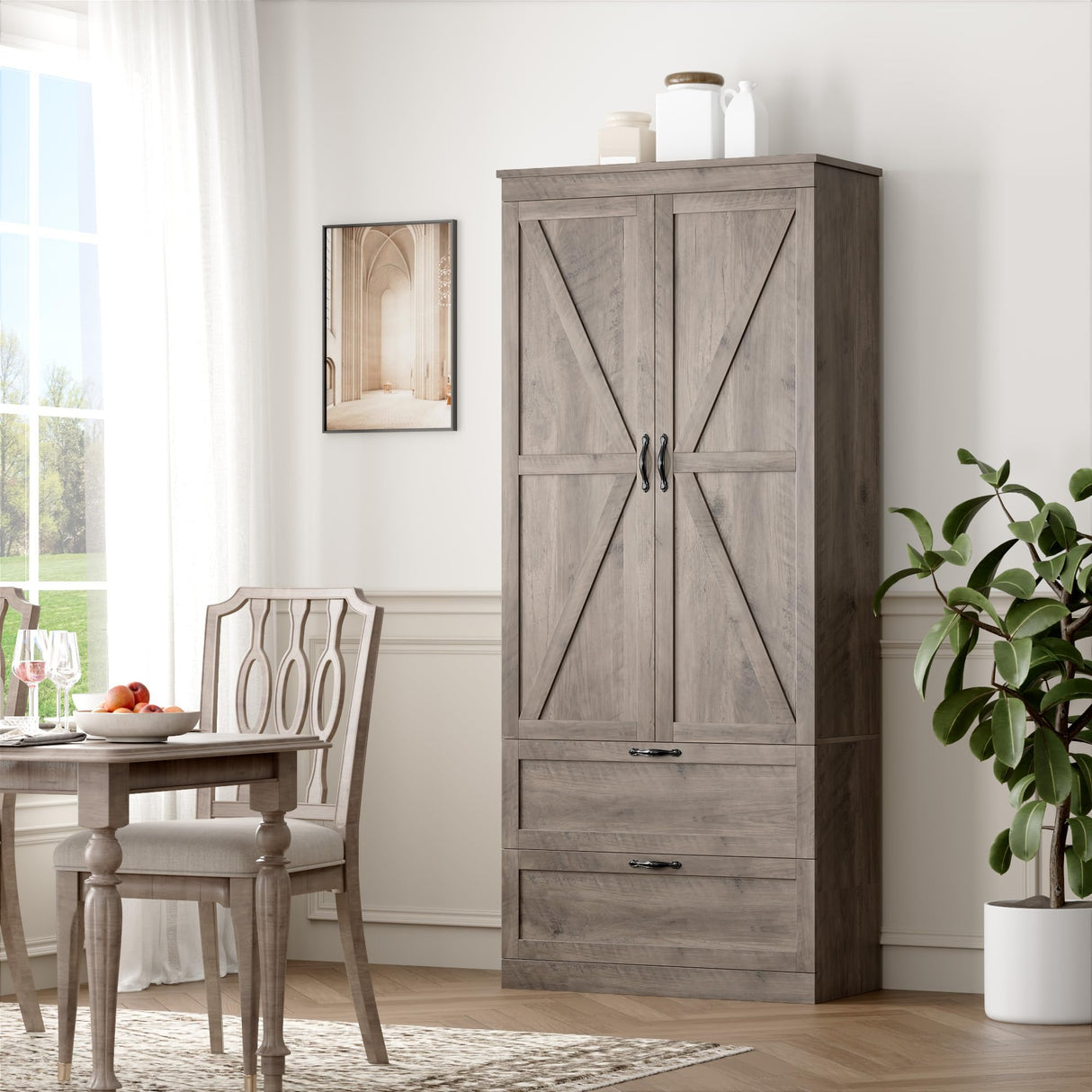 HOSTACK 70" Tall Kitchen Pantry Storage Cabinet, Barn Doors Pantry Cabinet with Drawers and Adjustable Shelf, Modern Farmhouse Storage Cabinet for Kitchen, Dining Room, Living Room, Bathroom, Ash Grey HOSTACK