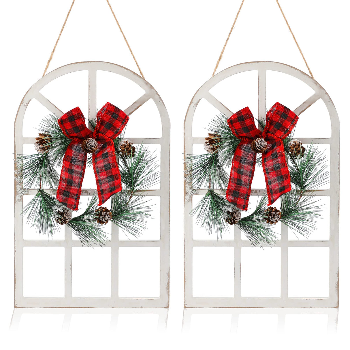 NEWLIGHTURE Wood Christmas Holiday Wall Hanging Indoor Outdoor Decorations Rustic Christmas Window Plaque Signs Wooden Arch with Wreath Christmas Home Party (Red-Black) NEWLIGHTURE