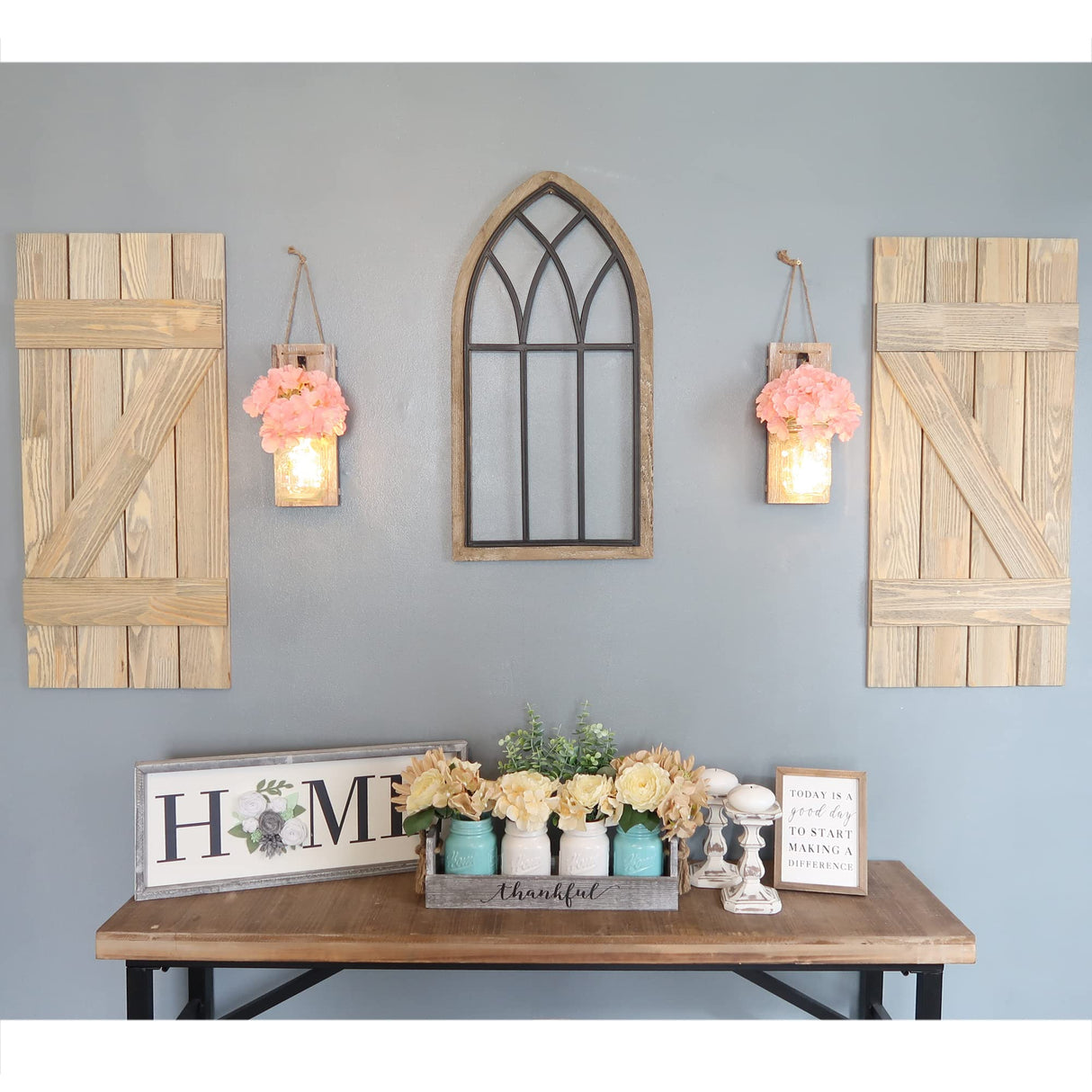 Besuerte Mason Jar Wall Decor Set of 2, Farmhouse Decor Living Room, Hanging Wall Decor with Remote Fairy Light and Rose Eucalyptus Flowers, Country Inspirational Rustic Wall Decor, Rustic Brown Besuerte