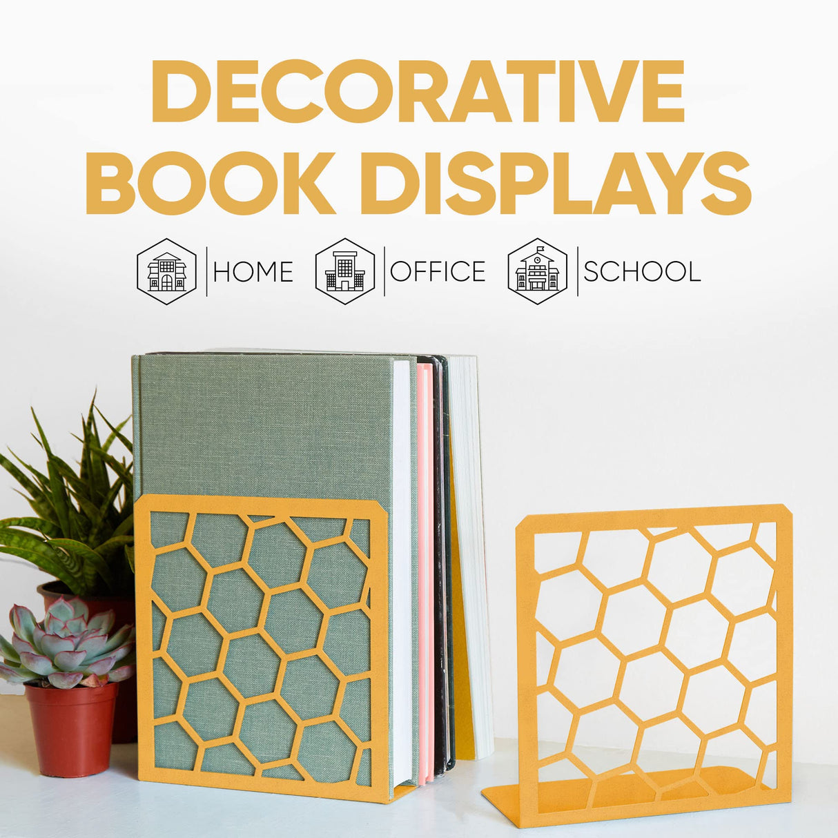 Premium Geometric Gold Honeycomb Bookends for Shelves, Metal Book Ends for Office, L-Shaped Book Stopper, Rustproof Bookends Decorative Unique for Home, 6.25 (L) x 6 (W) inches, 1 Pair - Geomod GEOMOD