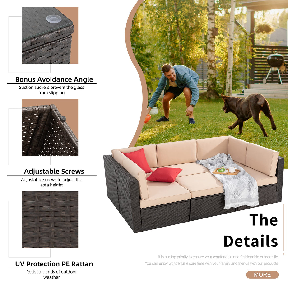 Shintenchi 6 Pieces Patio Furniture Sets Outdoor All-Weather Sectional Patio Sofa Set PE Rattan Manual Weaving Wicker Patio Conversation Set with Glass Table&Ottoman Cushion and Red Pillows, Beige Shintenchi