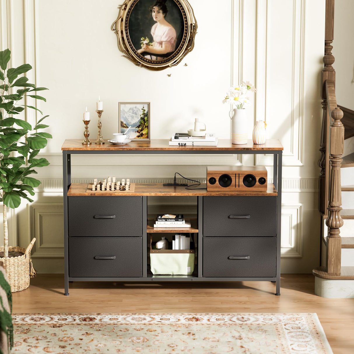 Huuger TV Stand Dresser with Power Outlets and LED Lights, 4 Drawers Entertainment Center with Open Shelf, Media Console for 50 43 Inch TV, Dresser with PU Finish, Rustic Brown and Black Huuger