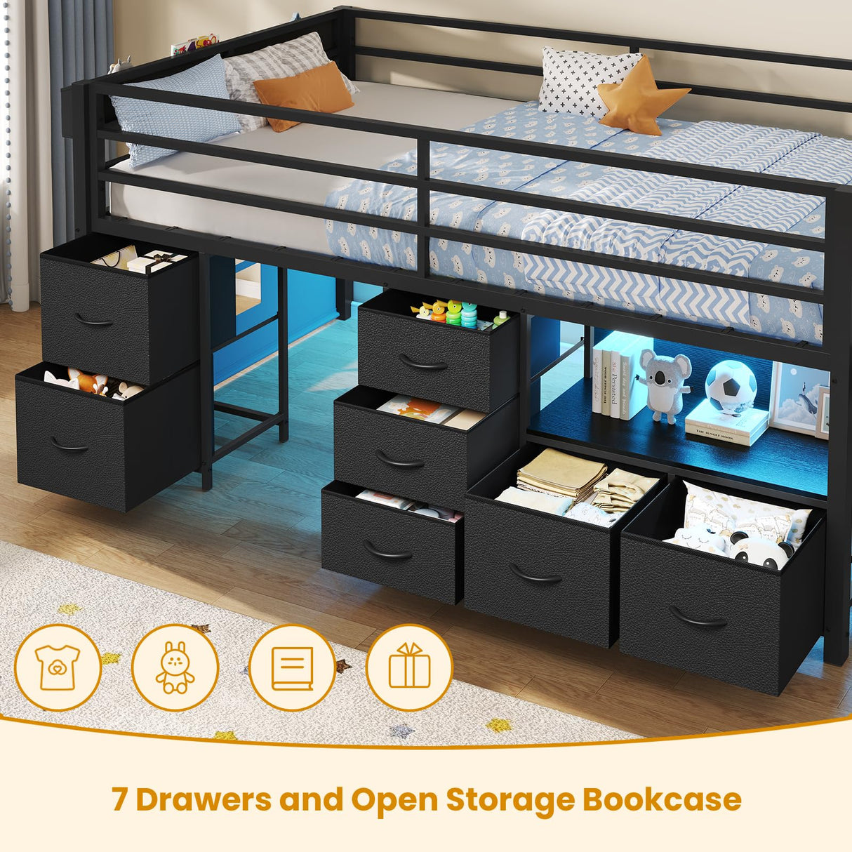 ADORNEVE Low Loft Bed Twin Size with 7 Storage Drawers, Bookcase and LED Lights, Metal Kids Loft Bed with 14" H Safety Guardrail,Inclined Ladder and Play Curtain, Under-Bed Play Space, Black ADORNEVE