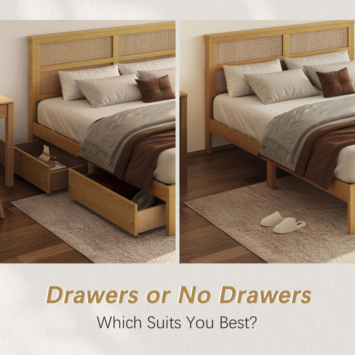 Olodumare Boho King Platform Bed Frame with Rattan Headboard, Modern Natural Bohemian Solid Wood Bed with 2 Under Bed Storage Drawers, Squeak-Free, No Box Spring Needed, Easy Assembly, Honey Oak Olodumare