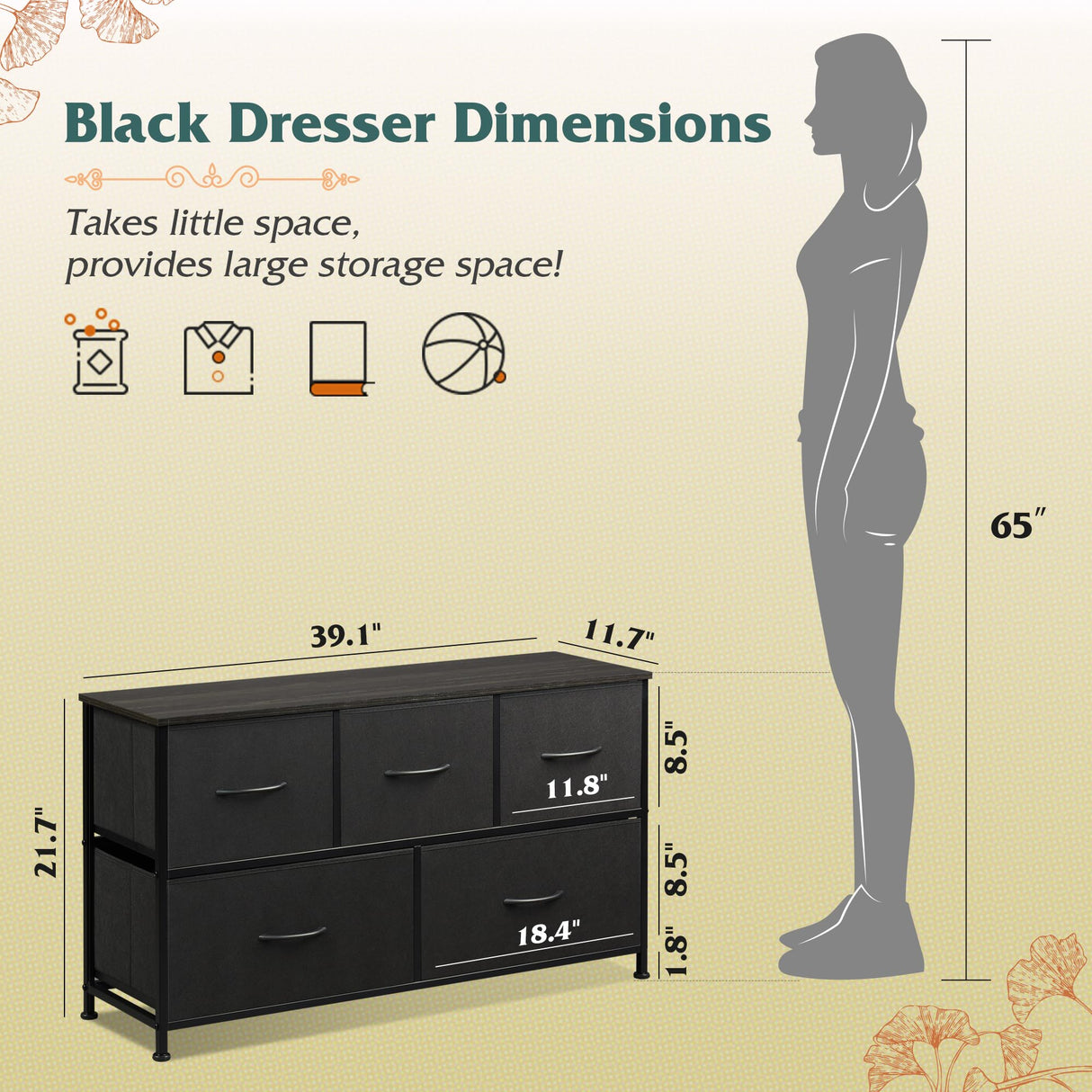 WLIVE Dresser for Bedroom with 5 Drawers, Wide Chest of Drawers, Fabric Dresser, Storage Organizer Unit with Fabric Bins for Closet, Living Room, Hallway, Charcoal Black WLIVE