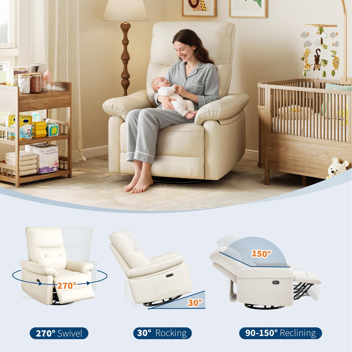 Power Recliner Chair for Adults, PU Leather Swivel Rocker Recliner with Padded Armrests & Side Pocket, Modern Upholstered Reclining Glider Chair for Living Room or Nursery (White) IDEALHOUSE