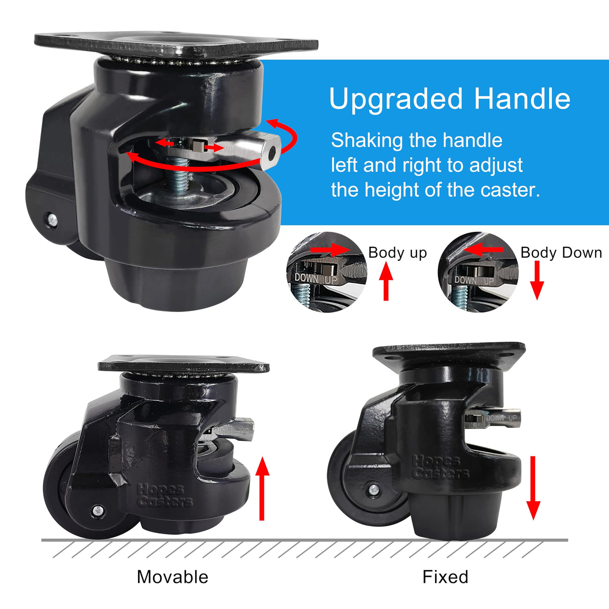 Leveling Casters with Ratchet Handle, Swivel Retractable Plate Caster Wheels for Workbench, Heavy Duty Industrial Casters with Nylon Wheels & Leveling Feet for Machine (Black, TD60F-2200lbs) HOPES