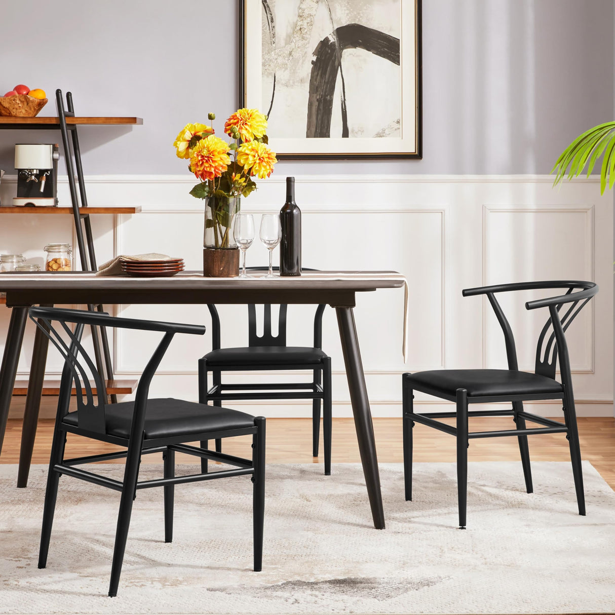 Yaheetech Leather Dining Chair 4pcs Mid-Century Modern Dining Chair with Backrest PU leather Seat Solid Metal Arm Chairs Black,Set of 4 Yaheetech