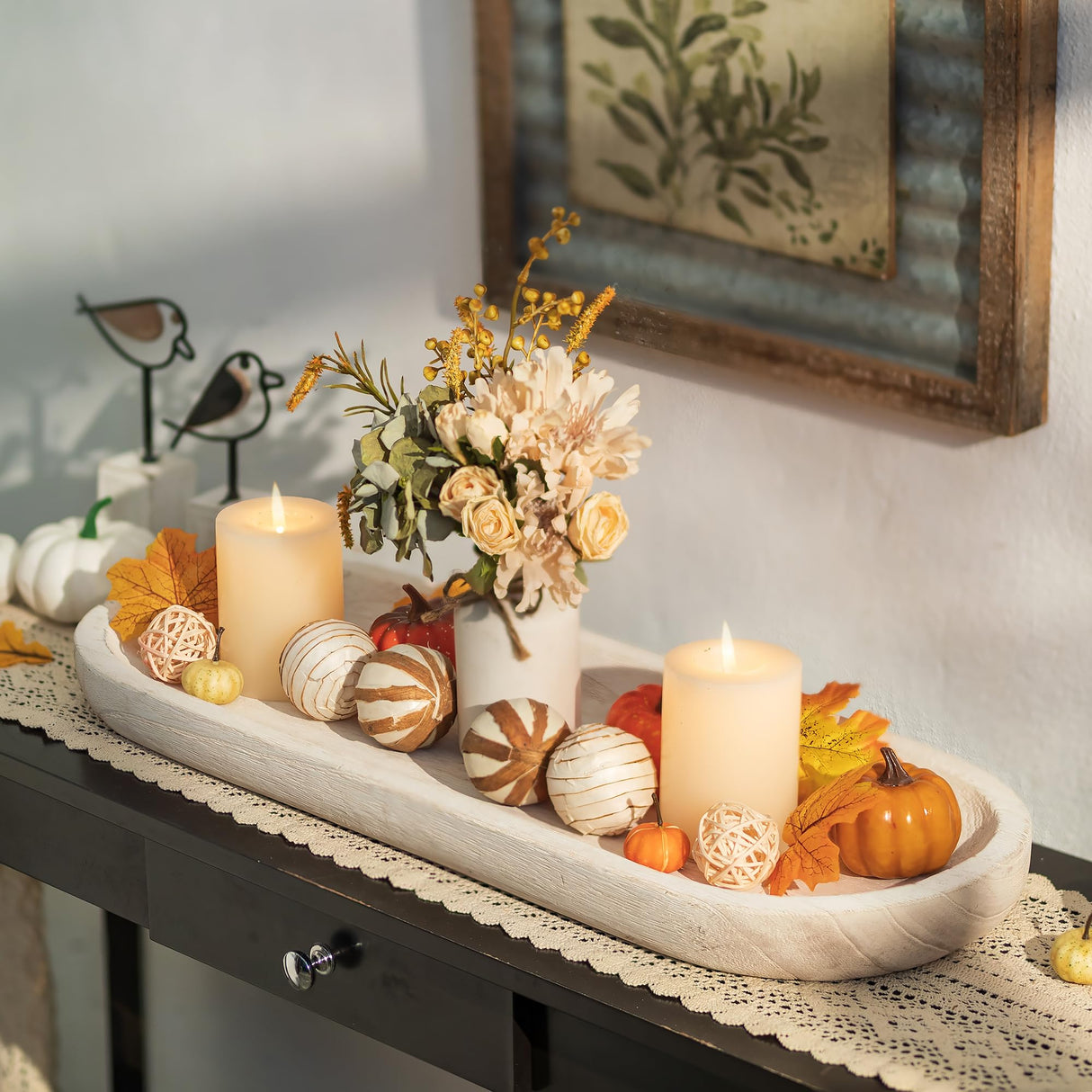 Hanobe Decorative Bowl Large Wooden: 25.5" Long Wood Dough Bowls for Decor Coffee Table Centerpiece Tray White Washed Farmhouse Rustic Decorations for Dining Room Home Kitchen Fireplace Hanobe