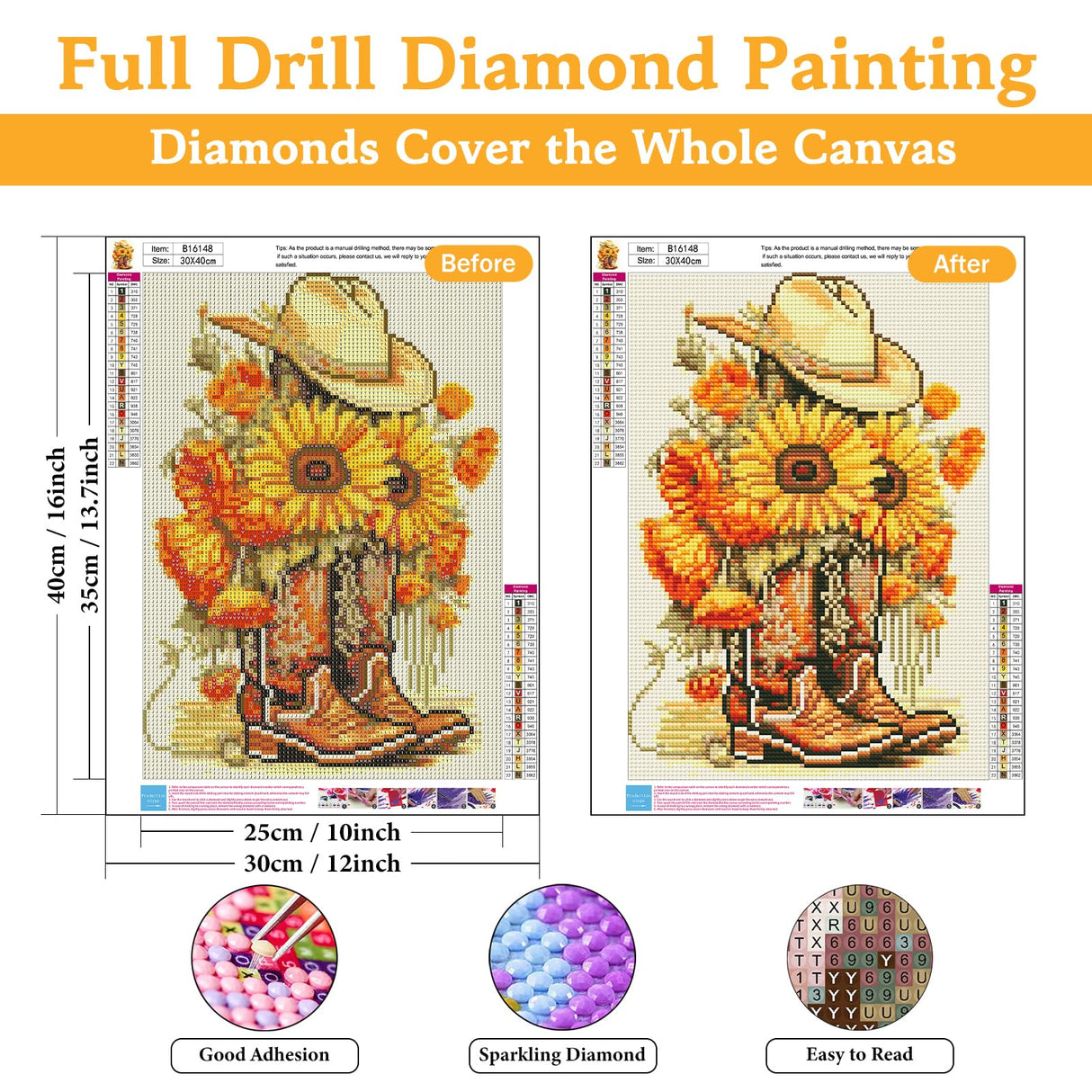Diamond Art Kits for Adults Cowboy Boot, DIY 5D Diamond Painting Kit for Beginners Sunflower, Cowboy Hat Full Round Drill Gem Art Dots for Adults, Perfect for Home Wall Decor 12X16 Inch Okarina