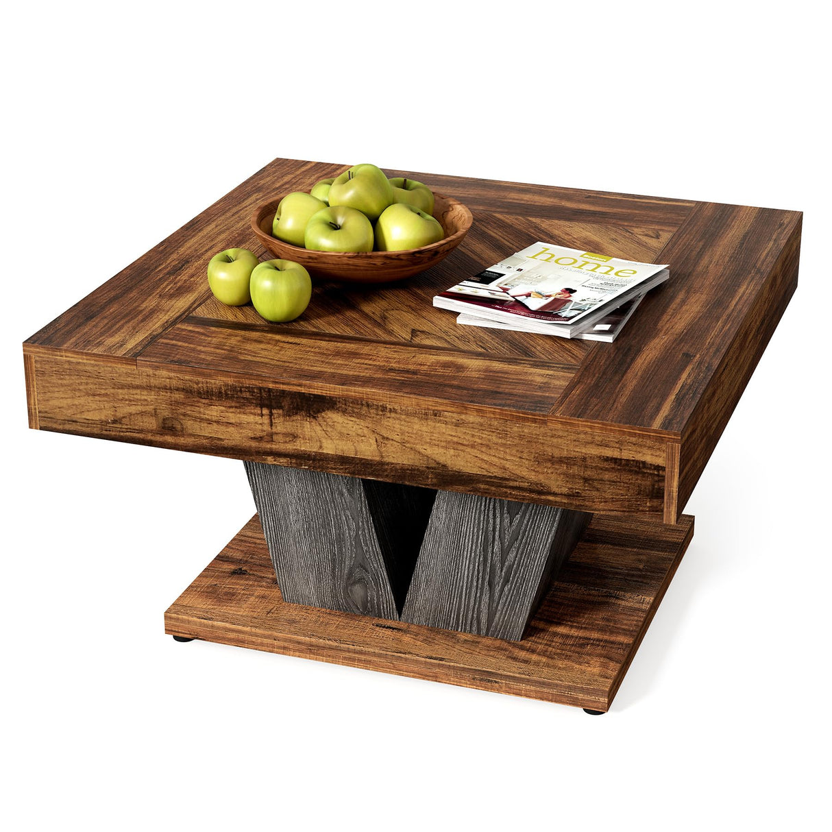 LITTLE TREE Square Coffee Table, Modern Rustic Coffee Table for Living Room, Wooden Table with Adjustable Feet, Brown LITTLE TREE