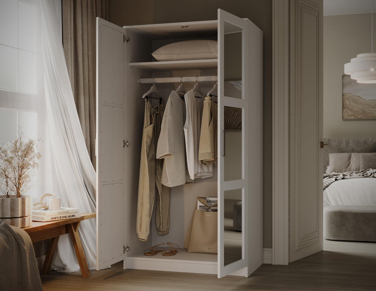 Palace Imports Solid Wood 2-Door Wardrobe Armoire Closet with Mirrored Doors – White Bedroom Storage, 37.75" W x 72" H x 21.75" D, 100% Eco-Friendly Pine, Made in Brazil Palace Imports