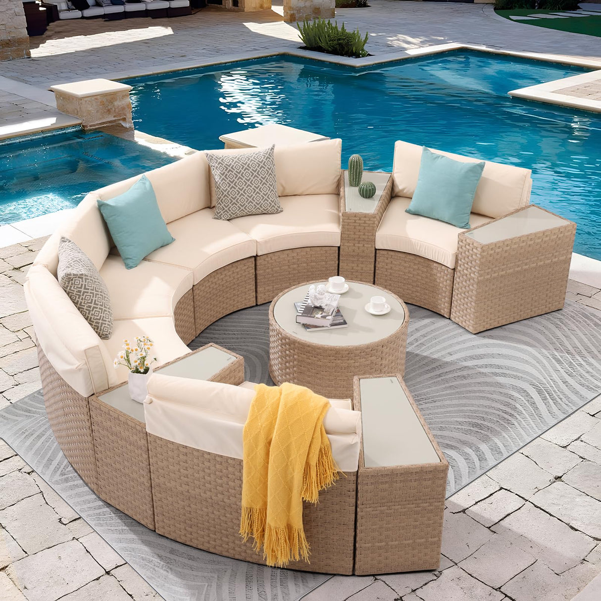 SUNSITT Outdoor Patio Furniture 11-Piece Half-Moon Sectional Round Patio Furniture Set Curved Outdoor Sofa with Tempered Glass Round Coffee Table, 4 Pillows, Natural Color Rattan SUNSITT